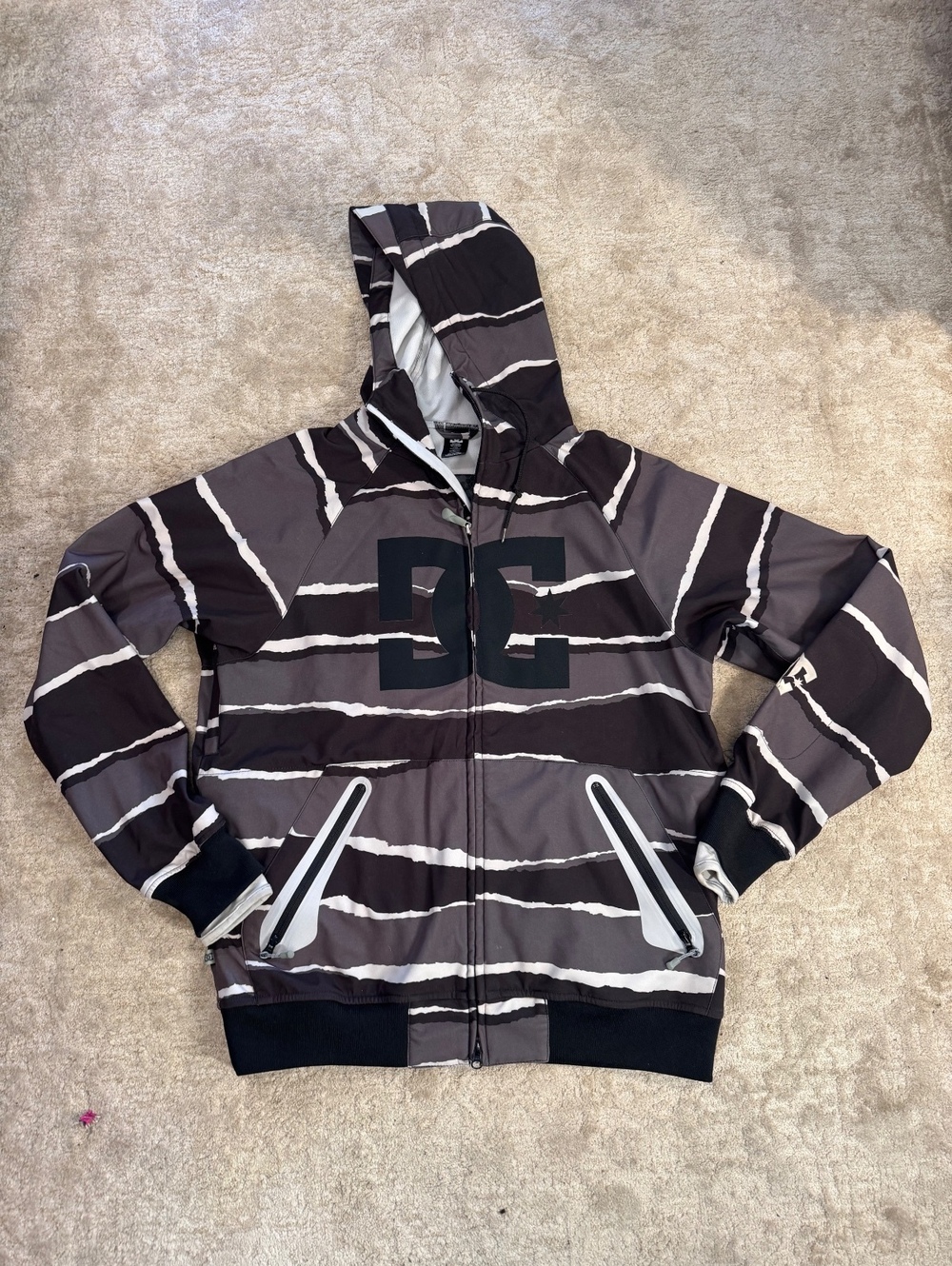 DC Shoes Exotex 10000 Snowboard Jacket Men’s L Y2K Stripe Hooded Brown Gray
